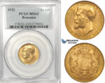 ZK20, Romania, Ferdinand I, 20 Lei 1922, London, Gold, PCGS MS63
