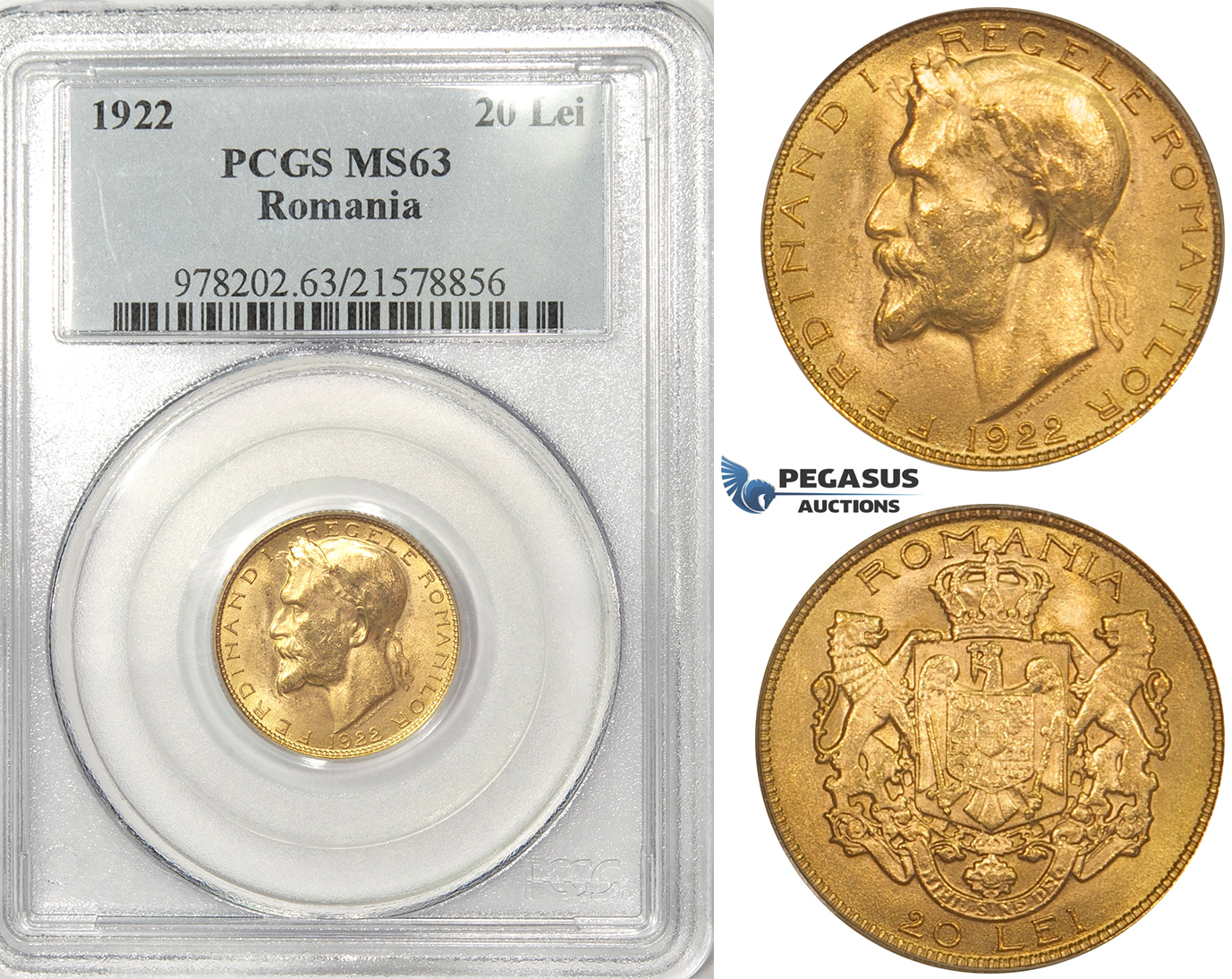 ZK20, Romania, Ferdinand I, 20 Lei 1922, London, Gold, PCGS MS63