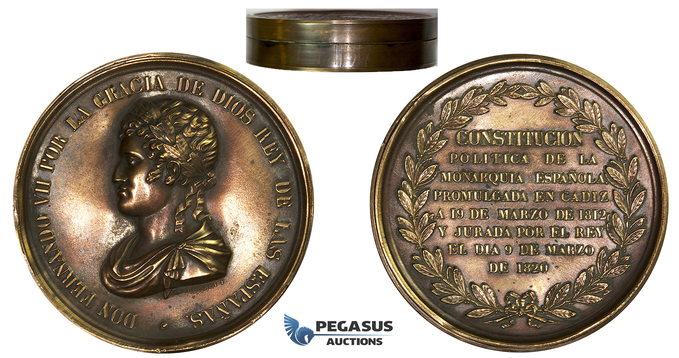 ZK74, Spain, Ferdinand VII, Bronze Box Medal 1820 (Ø71mm, 65.9g) by Henrionnet, Constitution, Rare!