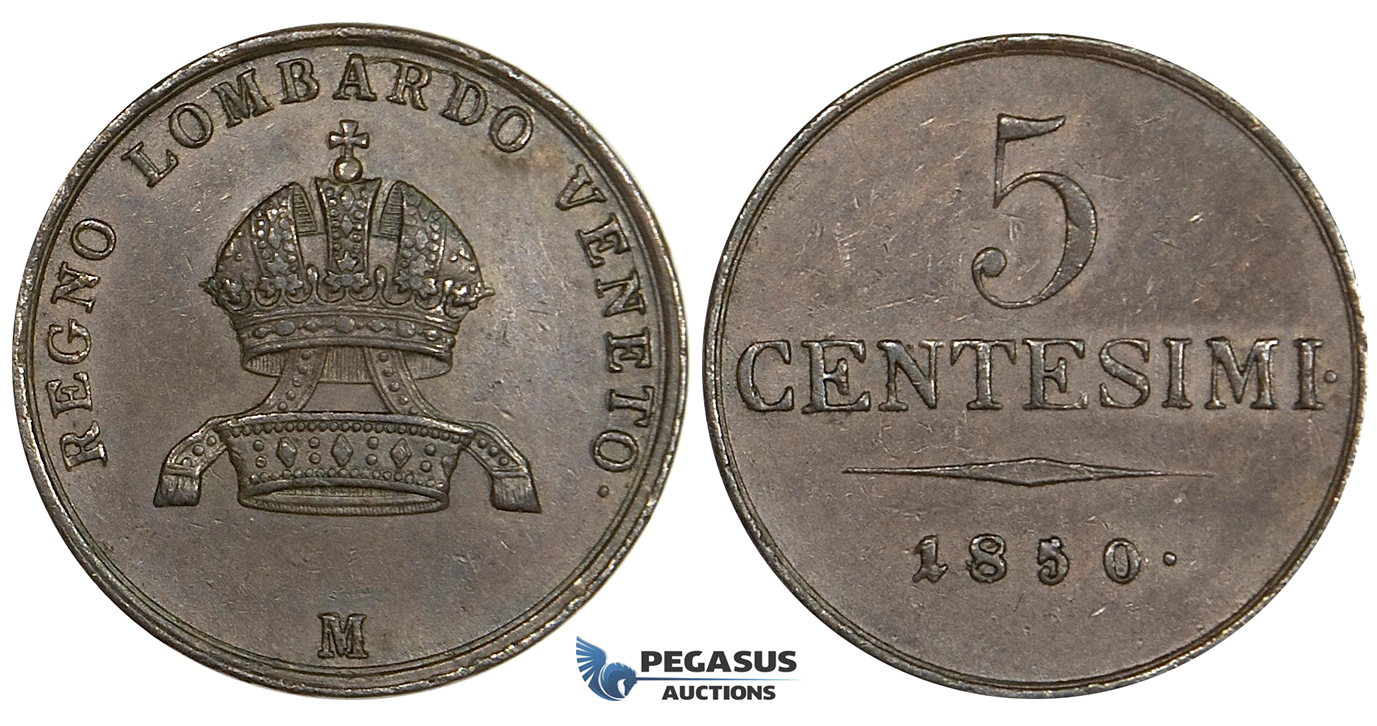ZK81, Italy, Lombardy, Franz Joseph, 5 Centesimi 1850-M, Mlian, Brown EF