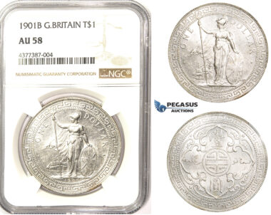 ZM334, Great Britain, Trade Dollar 1901-B, Bombay, Silver, NGC AU58