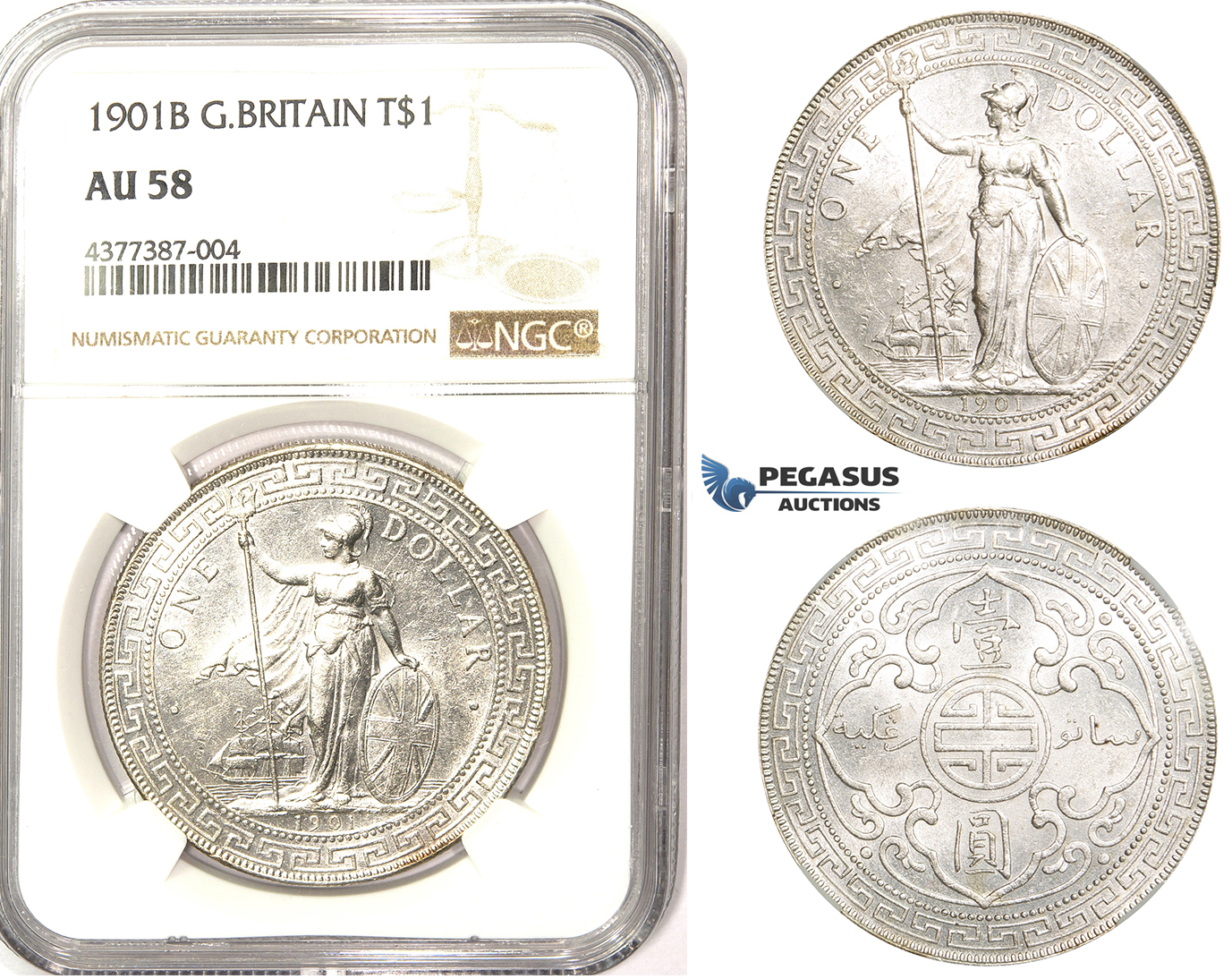 ZM334, Great Britain, Trade Dollar 1901-B, Bombay, Silver, NGC AU58