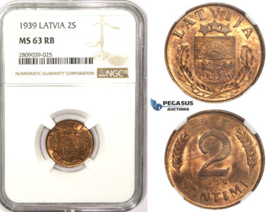 ZM347, Latvia, 2 Santimi 1939, NGC MS63RB