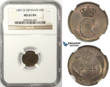 ZM37, Denmark, Christian IX, 1 Øre 1882 CS, Copenhagen, NGC MS63BN