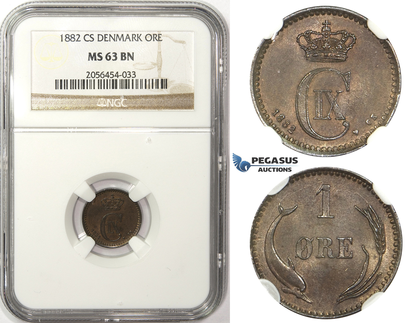 ZM37, Denmark, Christian IX, 1 Øre 1882 CS, Copenhagen, NGC MS63BN
