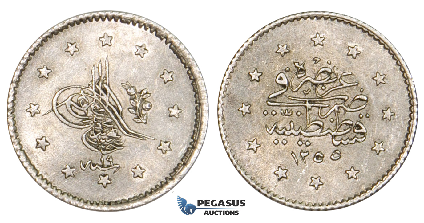 ZM377, Ottoman Empire (Turkey) Abdülmecid, 1 Kurush AH1255/19, Silver, Lustrous AU