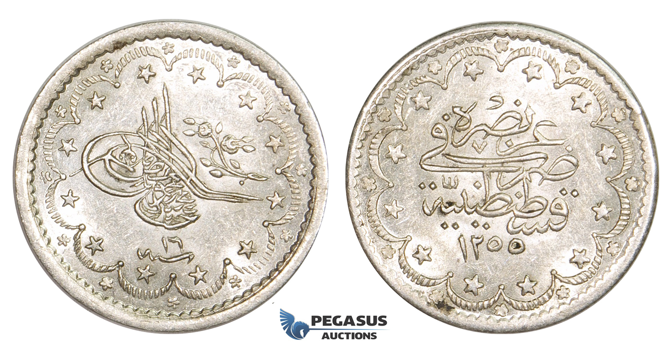 ZM378, Ottoman Empire (Turkey) Abdülmecid, 5 Kurush AH1255/14, Silver, Lustrous AU