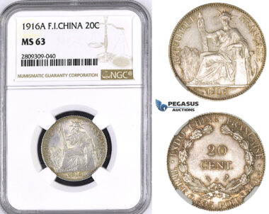 ZM415, French Indo-China, 20 Centimes 1916-A, Paris, Silver, NGC MS63