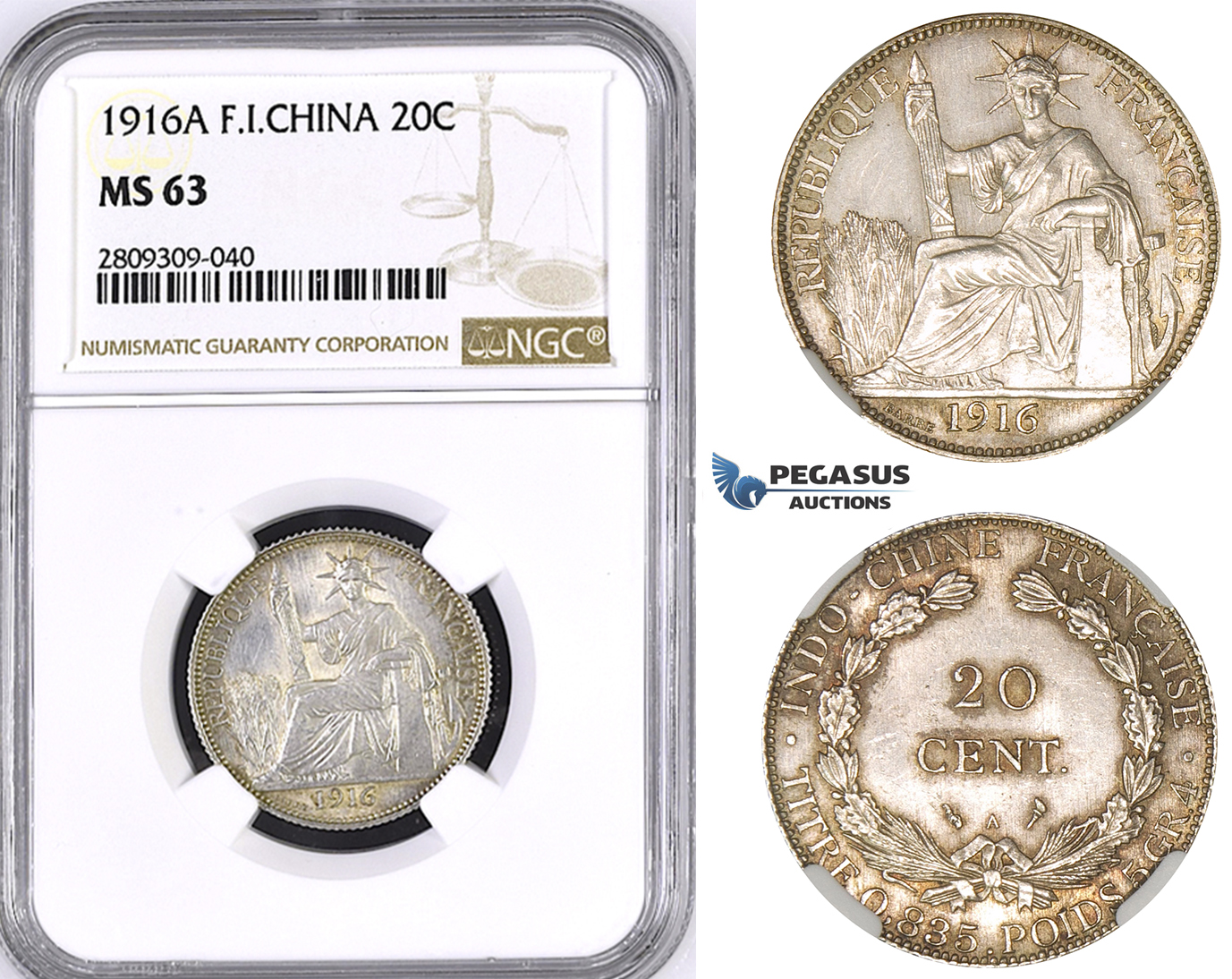 ZM415, French Indo-China, 20 Centimes 1916-A, Paris, Silver, NGC MS63