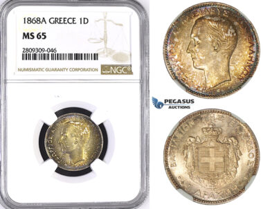 ZM417, Greece, George I, 1 Drachma 1868-A, Paris, Silver, NGC MS65, Rare so nice!