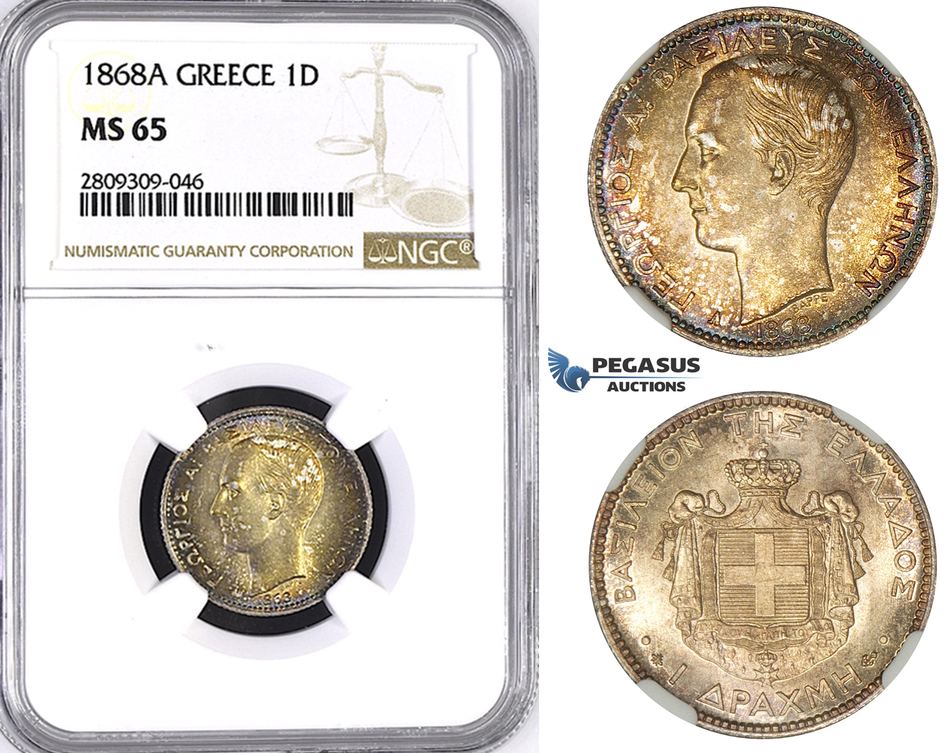 ZM417, Greece, George I, 1 Drachma 1868-A, Paris, Silver, NGC MS65, Rare so nice!