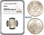 ZM434, Palestine, 50 Mils 1939, London, Silver, NGC MS61