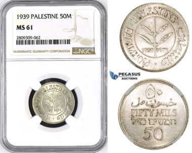 ZM434, Palestine, 50 Mils 1939, London, Silver, NGC MS61