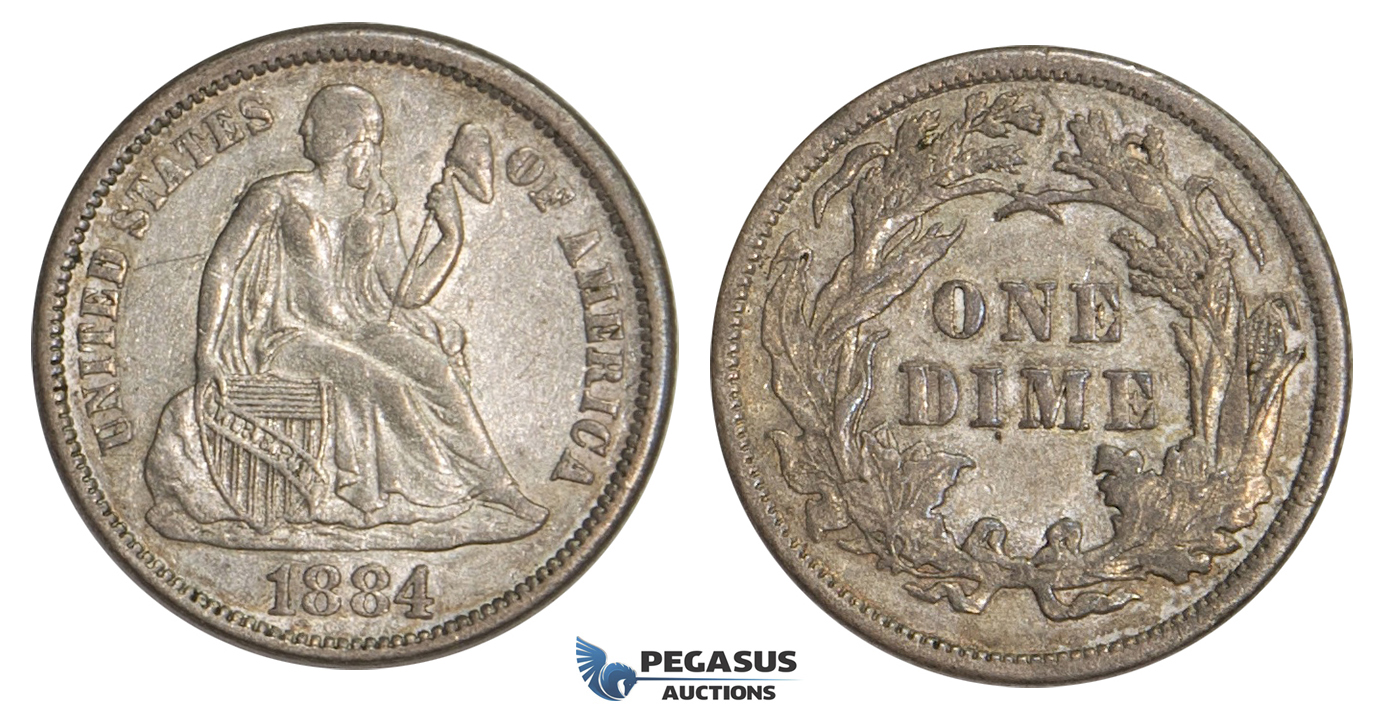 ZM445, United States, Liberty Seated Dime (10C) 1884, Philadelphia, Silver, Toned XF