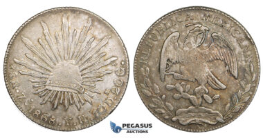 ZM451, Mexico, 8 Reales 1868 Zs YH, Zacatecas, Silver, Toned aXF