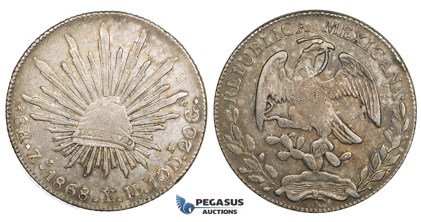 ZM451, Mexico, 8 Reales 1868 Zs YH, Zacatecas, Silver, Toned aXF