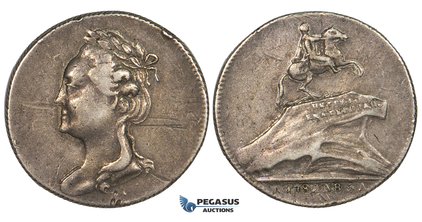 ZM473, Russia, Catherine II, Silver Token Medal 1782 (Ø23.5mm, 6.69g) Equestrian Statue of Peter I