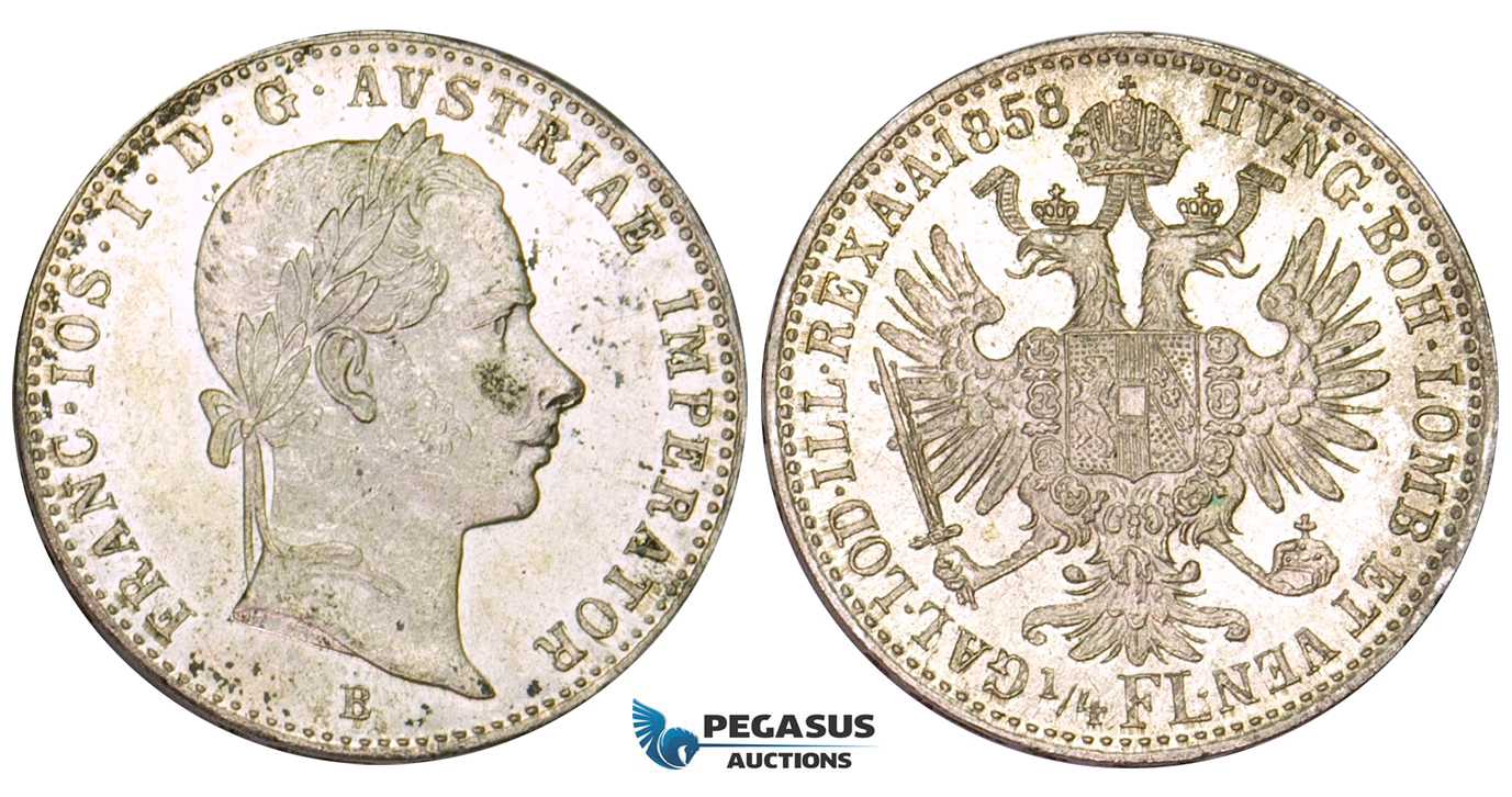 ZM551, Austria, Franz Joseph, 1/4 Gulden 1858-B, Kremnitz, Silver, Prooflike UNC
