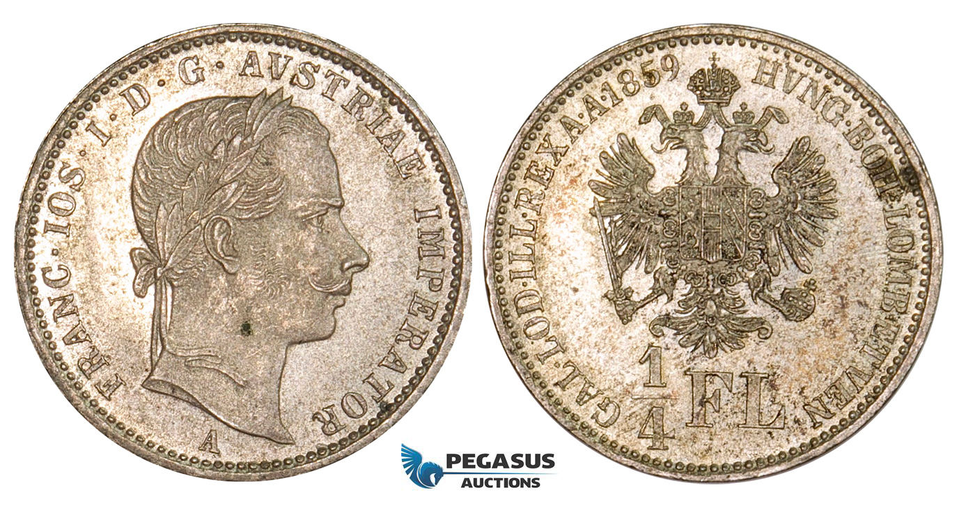 ZM552, Austria, Franz Joseph, 1/4 Gulden 1859-A, Vienna, Silver, Toned UNC