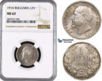 ZM560, Bulgaria, Ferdinand, 1 Lev 1916, Silver, NGC MS62, Rare!