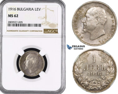 ZM560, Bulgaria, Ferdinand, 1 Lev 1916, Silver, NGC MS62, Rare!