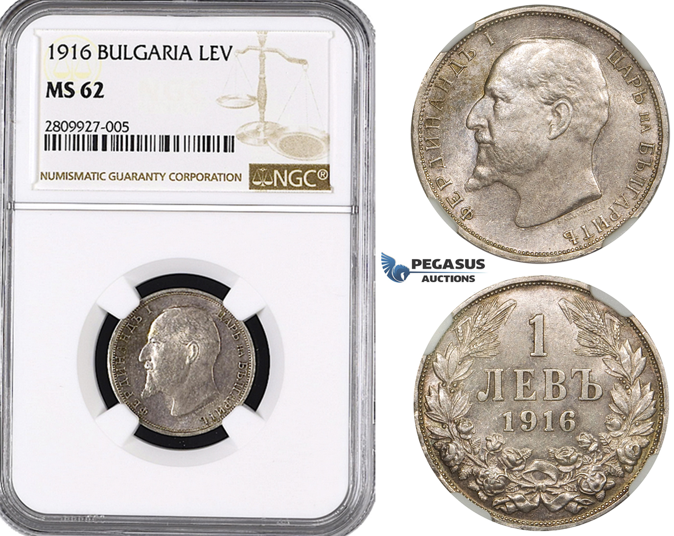 ZM560, Bulgaria, Ferdinand, 1 Lev 1916, Silver, NGC MS62, Rare!