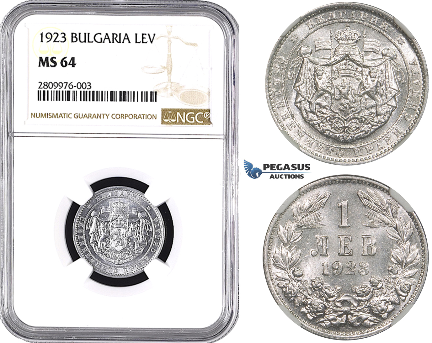 ZM562, Bulgaria, Boris III, 1 Lev 1923, NGC MS64