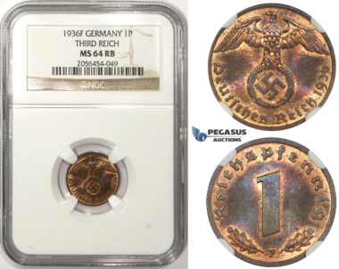 ZM57, Germany, Third Reich, 1 Reichspfennig 1936-F, Stuttgart, NGC MS64RB, Rare!