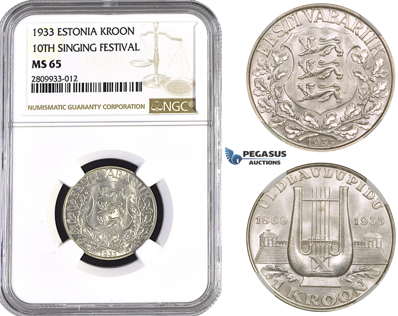 ZM574, Estonia, 1 Kroon 1933, Silver, NGC MS65