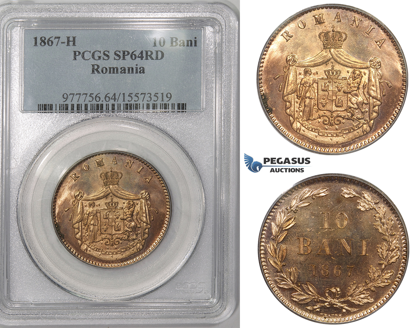 ZM607, Romania, Carol I, 10 Bani 1867, Heaton, PCGS SP64 (Proof)