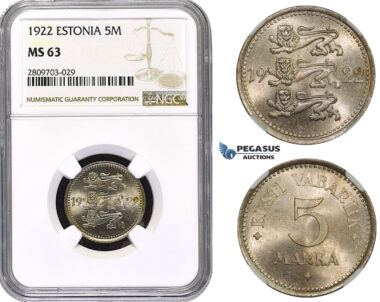 ZM632, Estonia, 5 Marka 1922, NGC MS63
