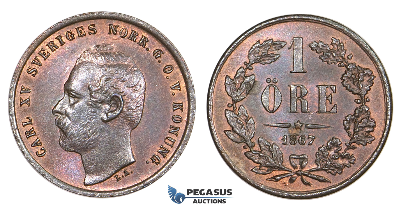 ZM642, Sweden, Carl XV, 1 Öre 1867, Stockholm, Red Brown UNC