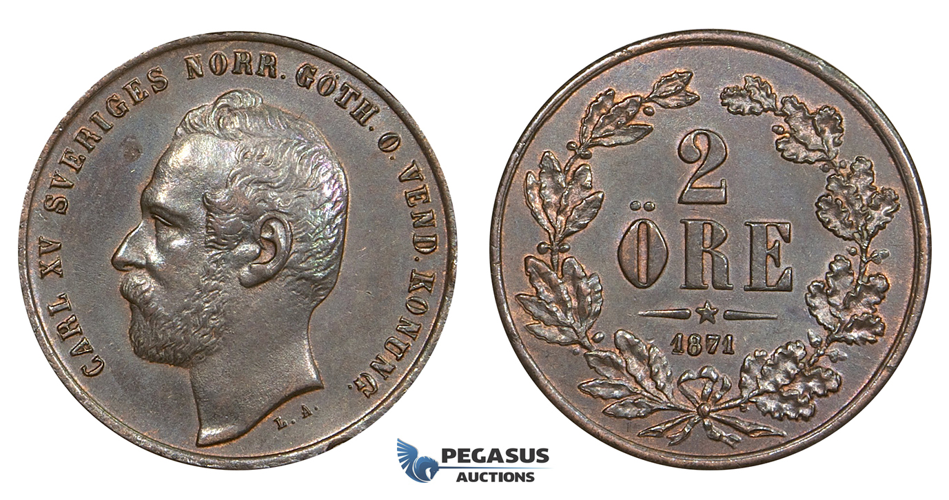 ZM643, Sweden, Carl XV, 2 Öre 1871, Stockholm, Red Brown aUNC