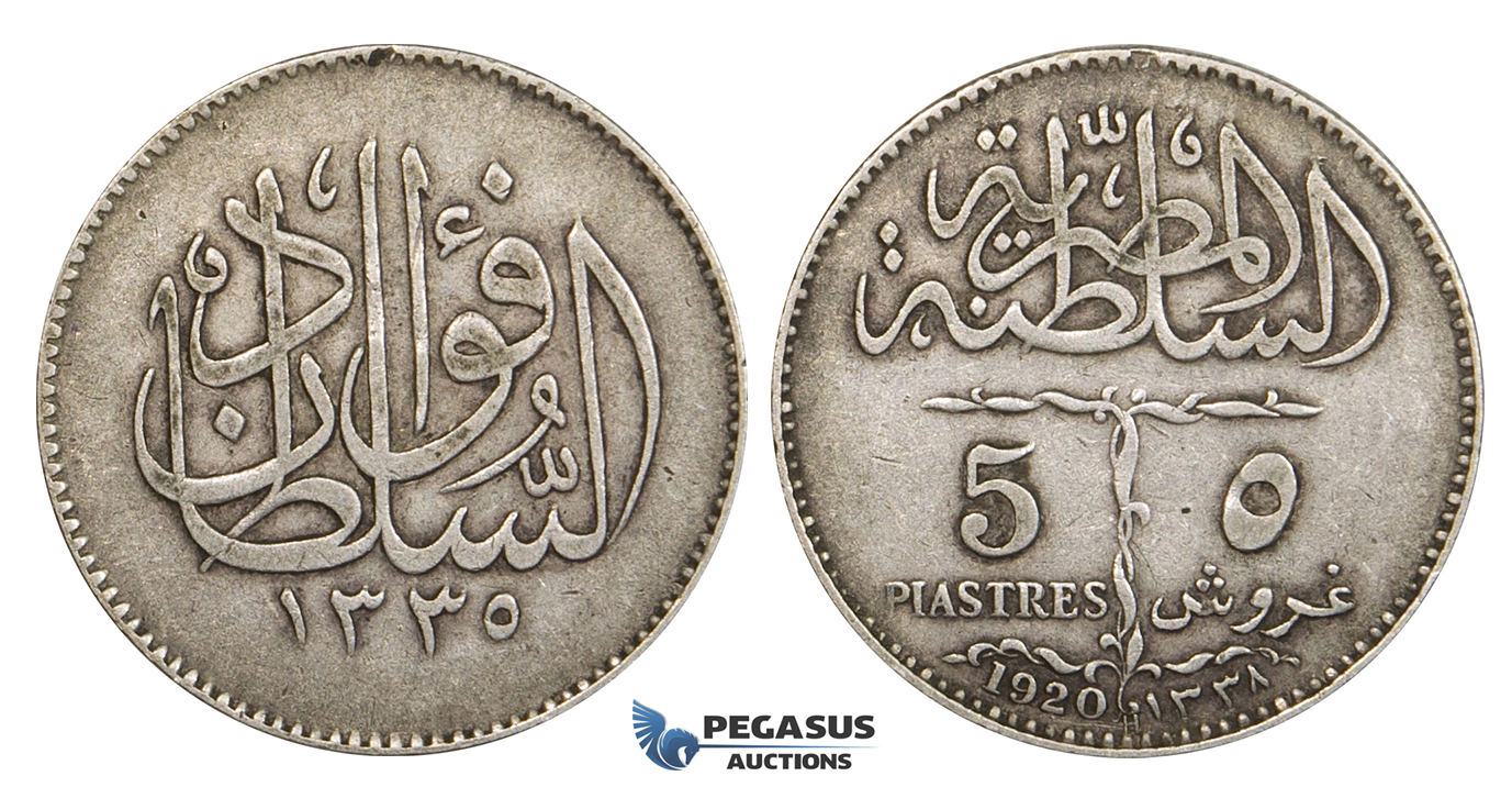 ZM678, Egypt, Fuad, 5 Piastres 1920-H, Heaton, Silver, VF
