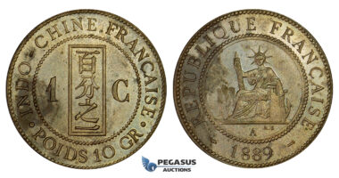 ZM682, French Indo-China, 1 Centime 1889-A, Paris, UNC Specimen Strike, Stained!