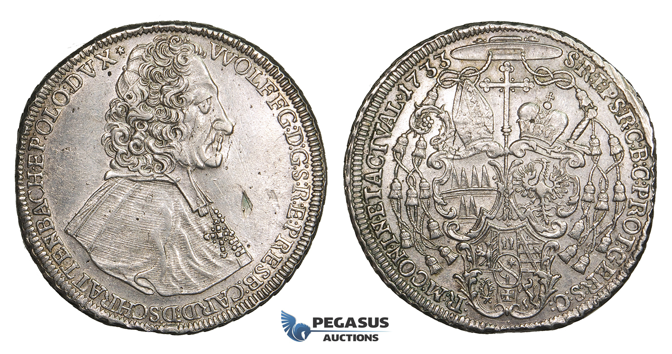ZM715, Austria, Bohemia, Olmütz, Wolfgang v.-Schrattenbach, Taler 1733, Silver (28.60g) flaw in field, cleaned but lustrous AU