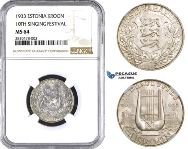 ZM743, Estonia, 1 Kroon 1933, Silver, NGC MS64