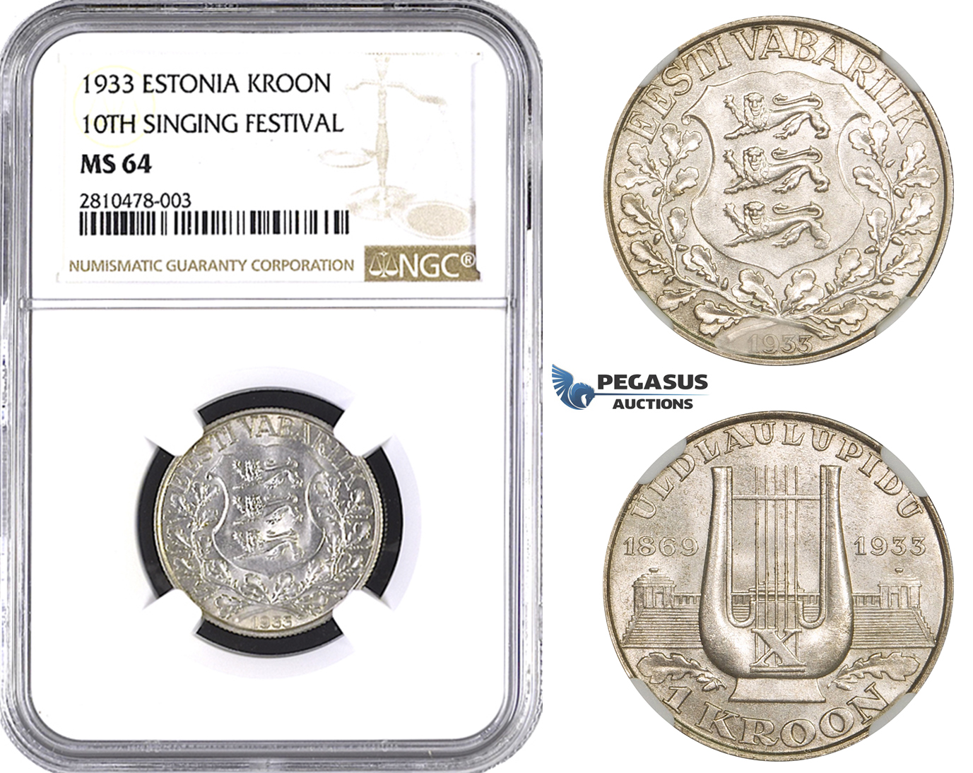 ZM743, Estonia, 1 Kroon 1933, Silver, NGC MS64