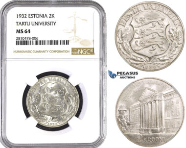 ZM745, Estonia, 2 Krooni 1932, Silver, NGC MS64