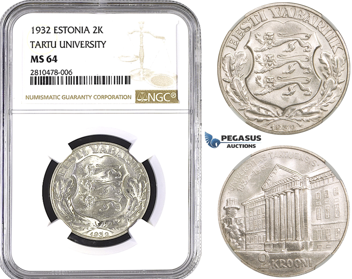 ZM745, Estonia, 2 Krooni 1932, Silver, NGC MS64
