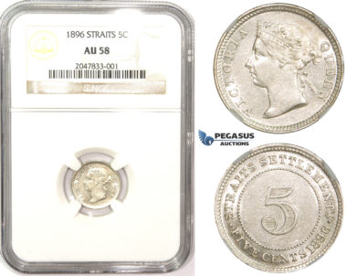 ZM855, Straits Settlements, Victoria, 5 Cents 1896, Silver, NGC AU58