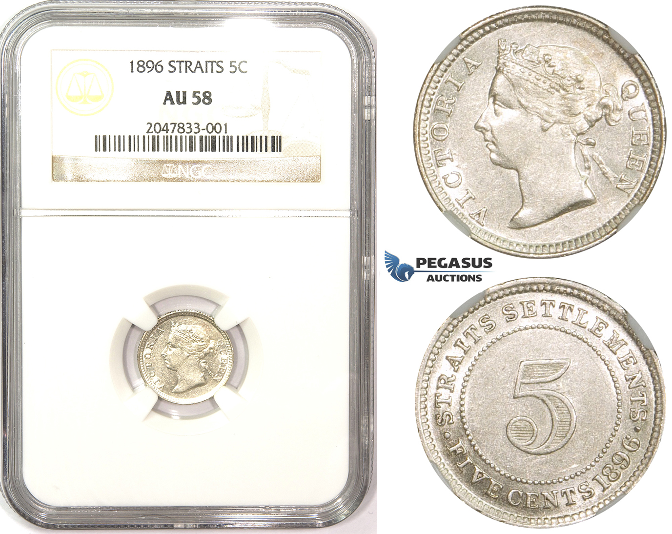 ZM855, Straits Settlements, Victoria, 5 Cents 1896, Silver, NGC AU58