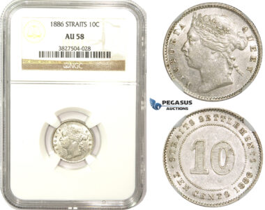 ZM857, Straits Settlements, Victoria, 10 Cents 1886, Silver, NGC AU58