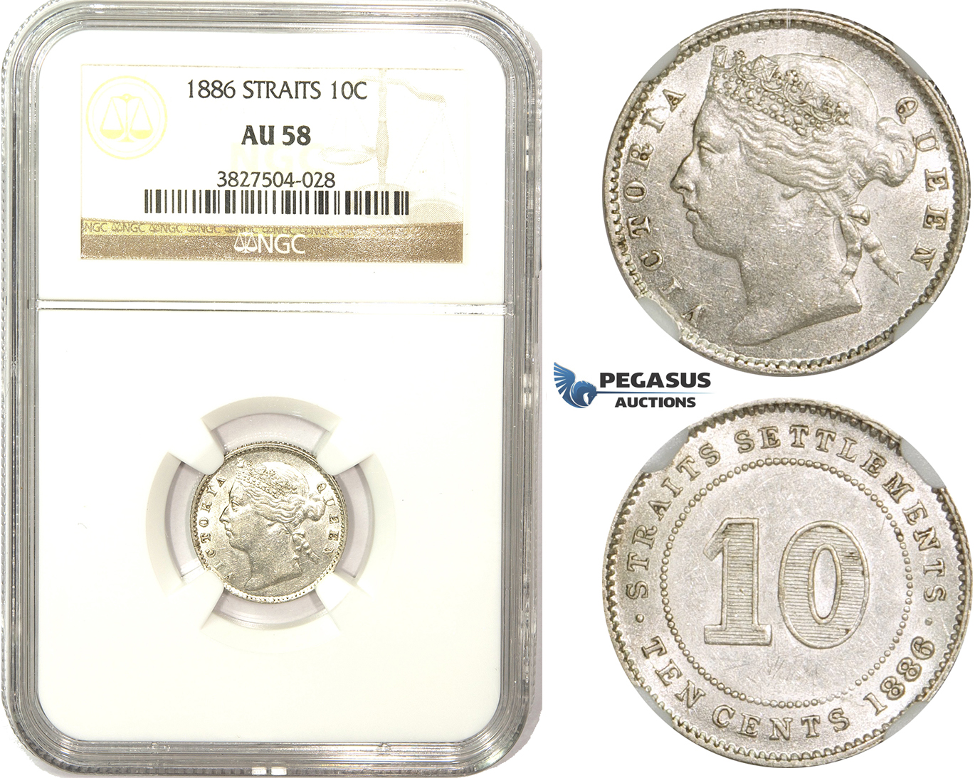 ZM857, Straits Settlements, Victoria, 10 Cents 1886, Silver, NGC AU58
