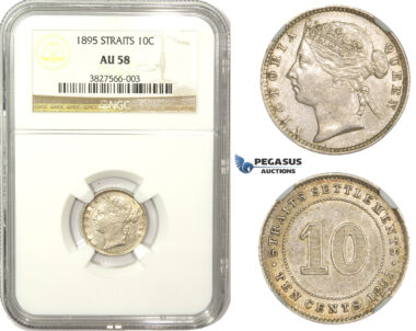ZM859, Straits Settlements, Victoria, 10 Cents 1895, Silver, NGC AU58