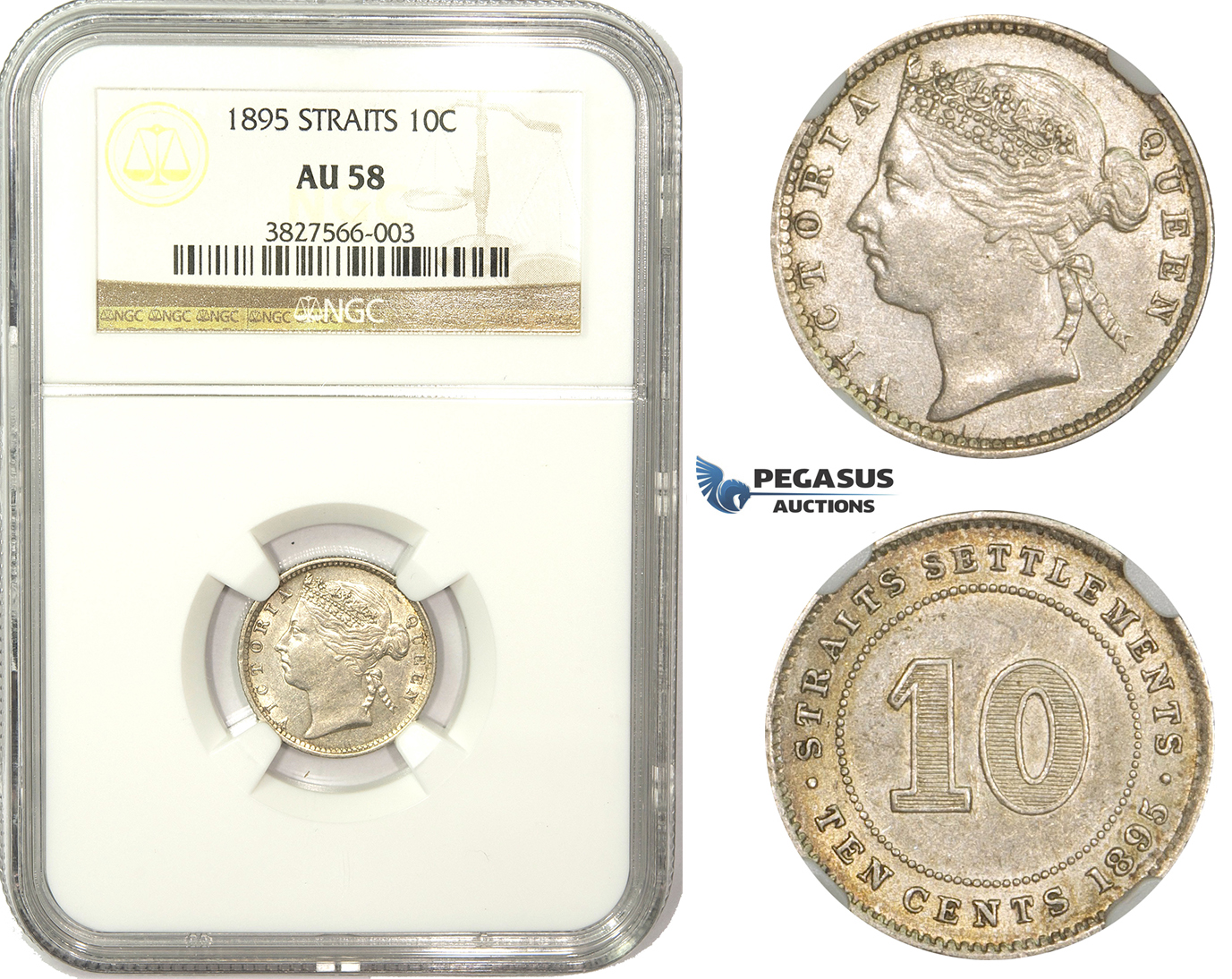 ZM859, Straits Settlements, Victoria, 10 Cents 1895, Silver, NGC AU58