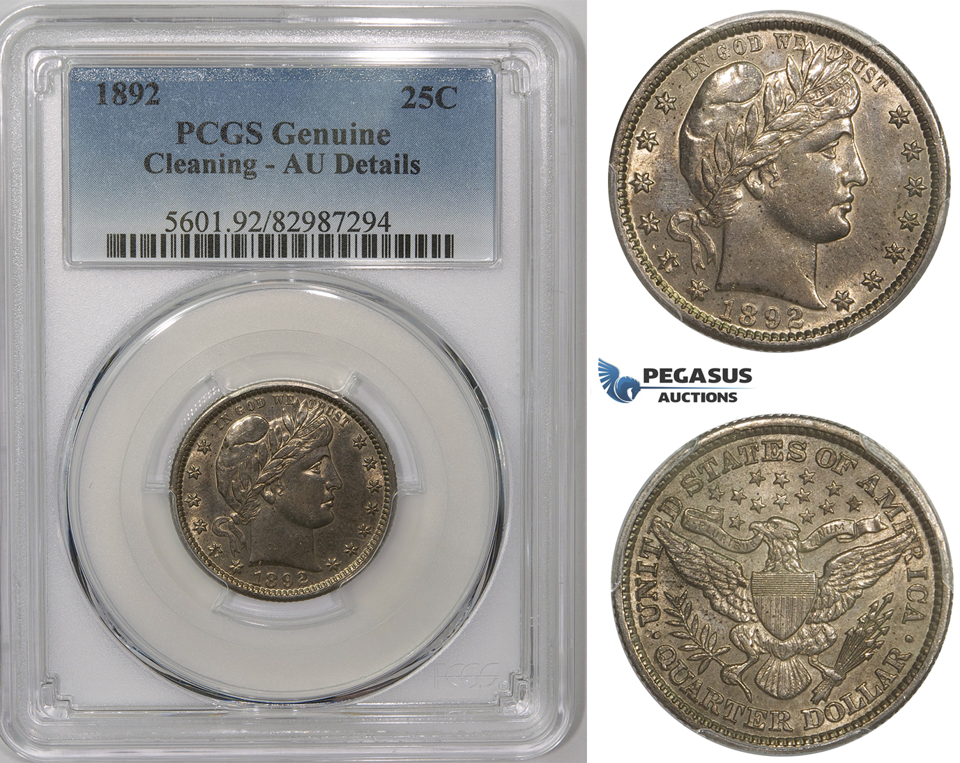 ZM868, United States, Barber Quarter (25C) 1892, Philadelphia, Silver, PCGS AU Det.