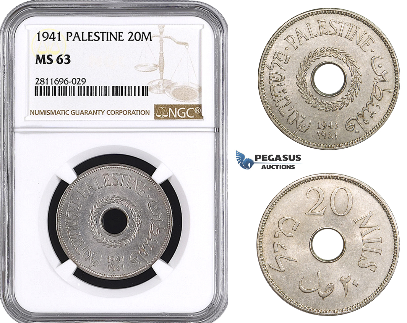 ZM919, Palestine, 20 Mils 1941, London, NGC MS63, Rare!