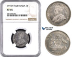 ZM921, Australia, George V, 1 Shilling 1915-H, Heaton, Silver, NGC XF45