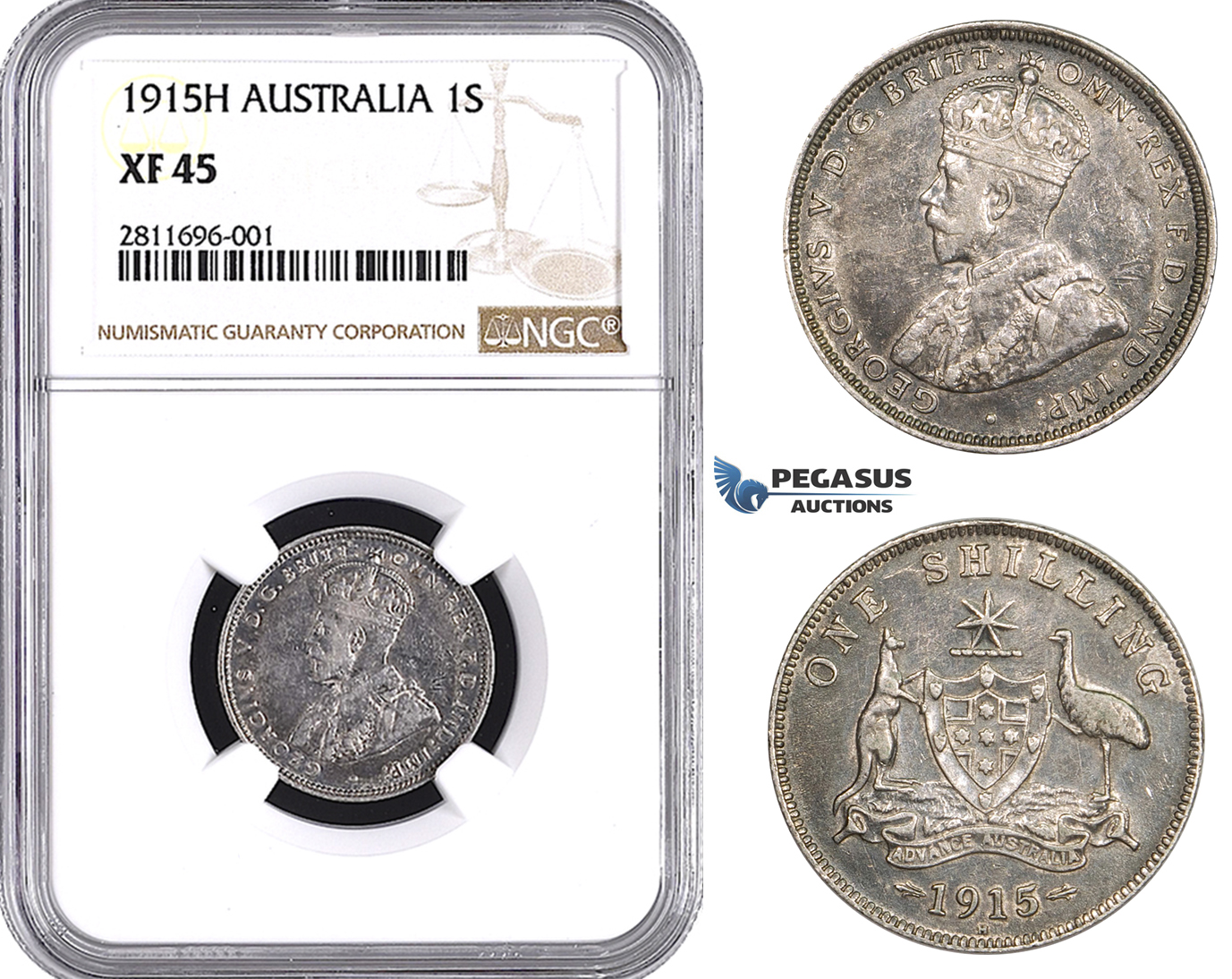 ZM921, Australia, George V, 1 Shilling 1915-H, Heaton, Silver, NGC XF45